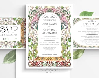 PENELOPE 1 A : CANVA Mini Wedding Suite, Floral Art Nouveau, Wedding Invitation Suite, DIY Editable Printable - Over 20+ Templates