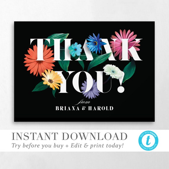 Modern Chic Script THANK YOU CARD Template 3 Sizes Instant Download Editable Printable Your Photo Thank You Card Wedding Templett