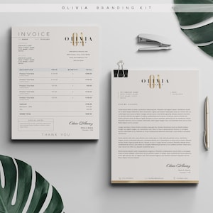OLIVIA Factura + Plantilla de membrete, 2 tamaños cada uno, Plantilla de factura comercial, Membrete imprimible editable totalmente personalizable DIY