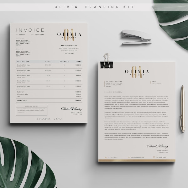 OLIVIA Invoice + Letterhead Template, 2 Sizes each, Business Invoice Template, DIY Fully Customizable Editable Printable Letterhead