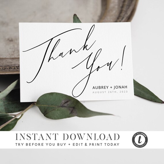 Modern Chic Script THANK YOU CARD Template 3 Sizes Instant Download Editable Printable Your Photo Thank You Card Wedding Templett
