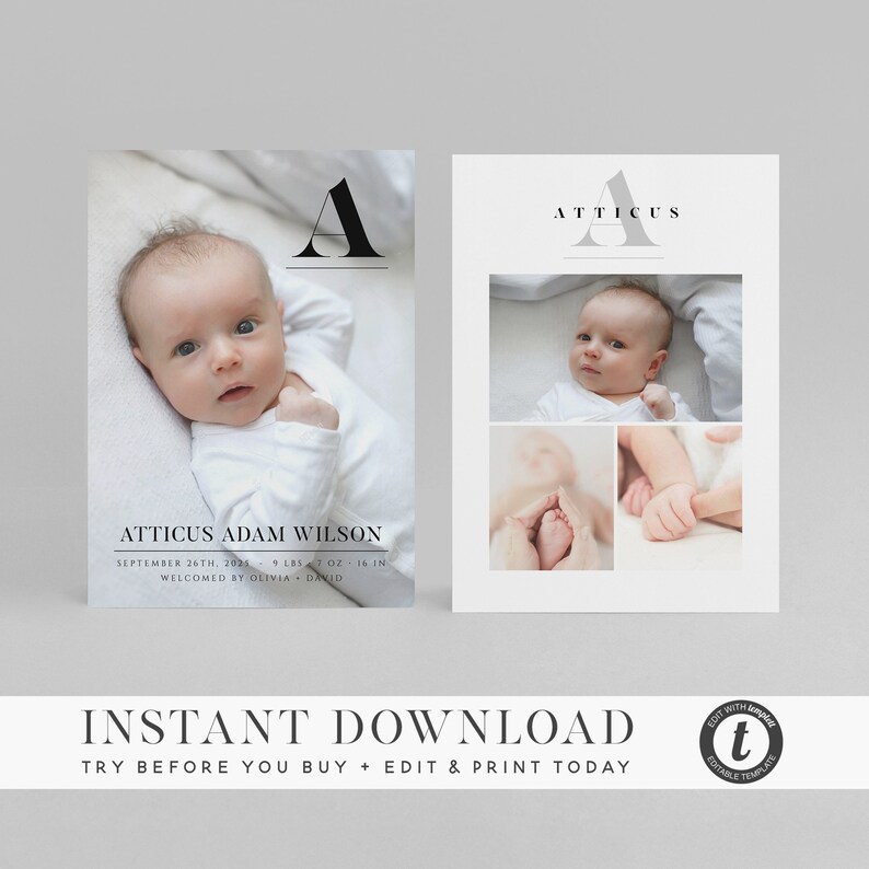 Modern Birth Announcement Template Bold Monogram Classic DIY Editable Printable Templett Baby Birth Announcement Card INSTANT DOWNLOAD