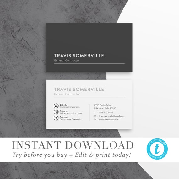 Business Card Template, INSTANT DOWNLOAD, Business Cards, Editable Business  Card Design, Printable Business Cards Try Before You Buy 