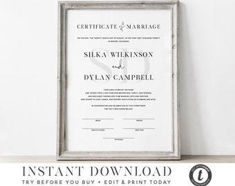 SILKA Modern Chic Script Marriage Certificate Template INSTANT DOWNLOAD 2 sizes, Minimalist Editable Printable Marriage Certificate Templett