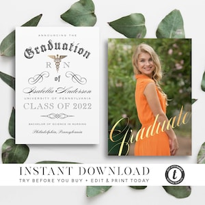 GRADUATION ANNOUNCEMENT TEMPLATE, 2 Versions, Instant Download, Nurse Medical Nursing Photo Graduation Card, Editable Printable Templett image 1