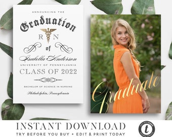 GRADUATION ANNOUNCEMENT TEMPLATE, 2 Versions, Instant Download, Nurse Medical Nursing Photo Graduation Card, Editable Printable Templett