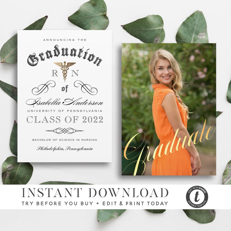 GRADUATION ANNOUNCEMENT TEMPLATE, 2 Versions, Instant Download, Nurse Medical Nursing Photo Graduation Card, Editable Printable Templett image 1