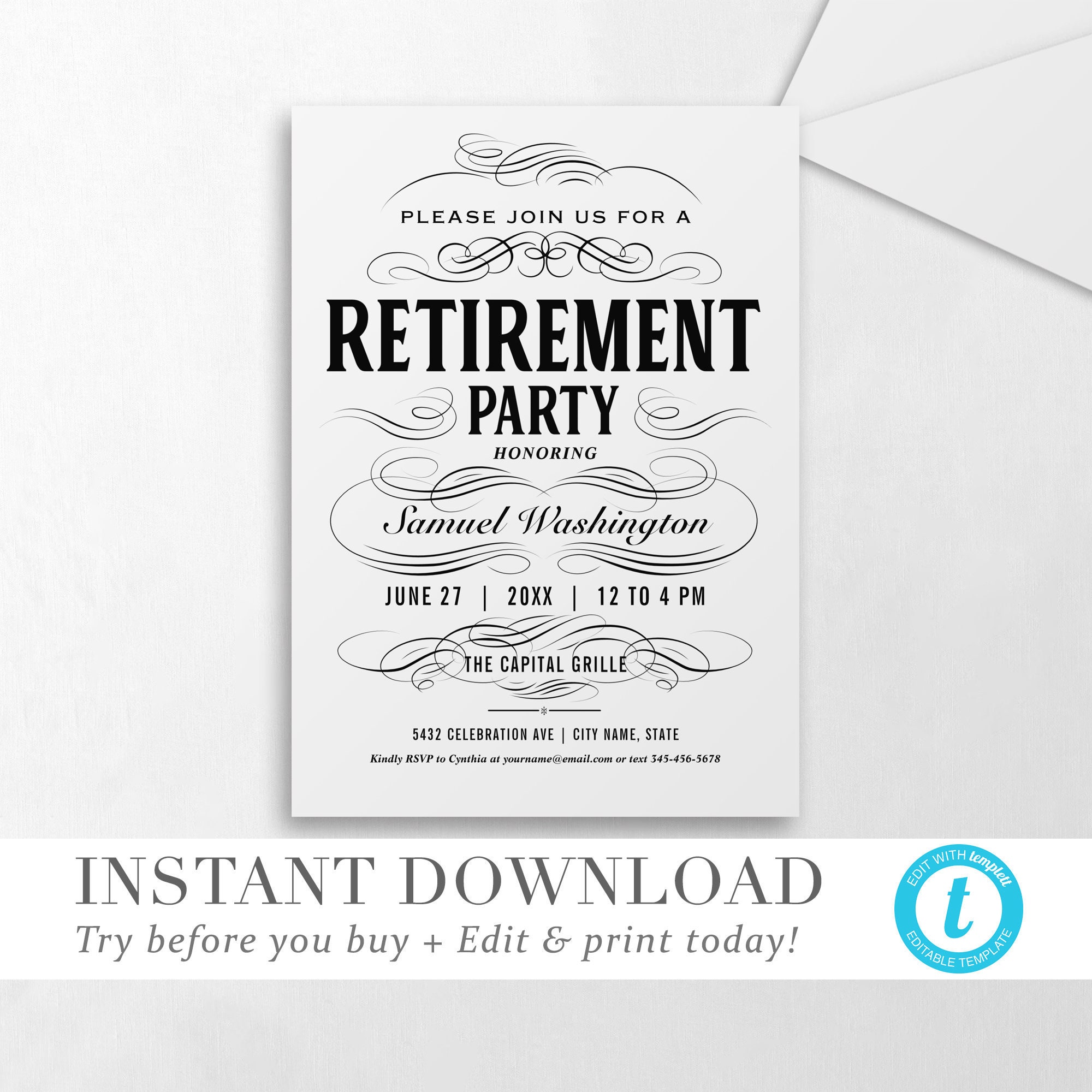 Retirement Party Invitation INSTANT DOWNLOAD Custom Color Etsy