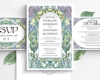 PENELOPE 2 A : CANVA Mini Wedding Suite, Floral Art Nouveau, Wedding Invitation Suite, DIY Editable Printable Wedding Kit, Over 20 Templates