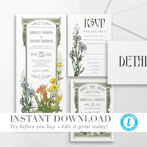 Floral Art Nouveau bruiloft uitnodiging sjabloon INSTANT DOWNLOAD bruiloft uitnodigen DIY bewerkbare afdrukbare bruiloft Set Templett 4 stuk