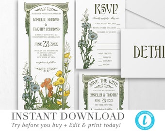 Floral Art Nouveau Wedding Invitation Template INSTANT DOWNLOAD Wedding Invite DIY Editable Printable Wedding Set Templett 4 piece