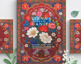 SIENNA I : CANVA Wedding Suite, Colorful Painted Floral Folk Art, DIY Editable Printable, 3-Piece Wedding Invitation Suite