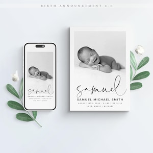Modèle de carte photo faire-part de naissance CANVA v4.1, téléchargement immédiat, faire-part de bébé chic moderne, numérique pour iPhone, bricolage modifiable imprimable