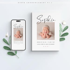 Modèle de carte photo faire-part de naissance CANVA v1.1, téléchargement immédiat, faire-part de naissance chic moderne, numérique pour iPhone, bricolage modifiable imprimable