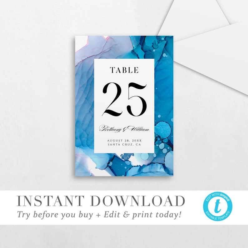 Ethereal Wave Table Numbers Card Template Instant Download Wedding Table Number Template Diy Editable Printable Number Card Templett V05 Templates Invitations Announcements