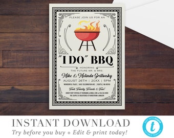 May include: Editable template for a "I Do" BBQ wedding invitation with a cartoon illustration of a red grill with flames. The invitation is decorated with a black and white vintage frame and includes the text "Please join us for an "I Do" BBQ", "Honoring the future Mr. & Mrs. Mike & Melinda Grillovsky", "August 26th | 20XX | 5PM", "Wonderful Place | 5432 Celebration Ave. Seattle, WA 98765", "Food, Family, Friends & Fun!" and "Kindrop Cynthia at yourname@email.com or 654.541.0009", "The couple is registered at Nordstrom & Amazon".