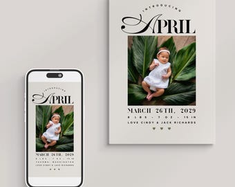 APRIL I - Birth Announcement Template, CANVA Photo Card Template, Instant Download Birth Announcement, Digital iPhone DIY Editable Printable