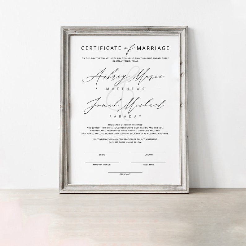 AUBREY Modern Chic Marriage Certificate Template INSTANT DOWNLOAD 2 sizes Minimalist Editable Printable Marriage Certificate Templett