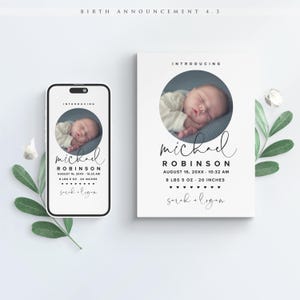 Modèle de carte photo faire-part de naissance CANVA v4.3, téléchargement immédiat, faire-part de naissance chic moderne, numérique pour iPhone, bricolage modifiable imprimable