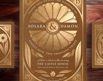 SOLARA 3 : CANVA Mini-Wedding Suite, Elegant Faux Gold Foil, DIY Editable Printable, 3-Piece Wedding Template Invitation Suite, Custom Color