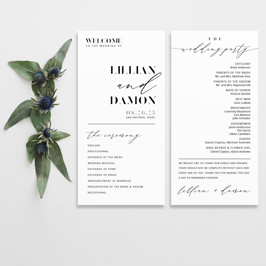 LILLIAN Modern Chic Wedding Program Template INSTANT DOWNLOAD Simple ...
