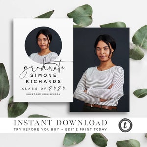 GRADUATION ANNOUNCEMENT TEMPLATE, 2 Versions, Instant Download, Modern Chic Script Simple Photo Graduation Card, Editable Printable Templett