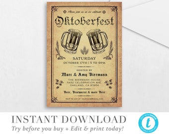 May include: An invitation to an Oktoberfest party with a vintage design. The invitation features two beer steins with wheat stalks and the text "Oktoberfest" in a decorative font. The party is hosted by Marc & Amy Biermann at The Biermann House on October 17th from 5 to 9 PM. The address is 5432 Celebration Ave, Oakland, CA 87654. The invitation also includes the text "Beer, Bratwurst & more Beer".