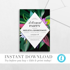 Tropical Jungle Retirement Party Invitation INSTANT DOWNLOAD Retirement Invite Editable Template Printable Templett - Try before you buy!