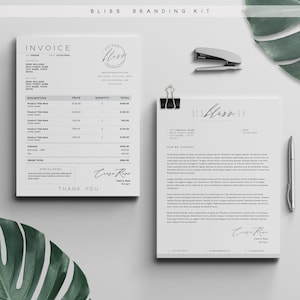 BLISS Factura + Plantilla de membrete, 2 tamaños cada uno, Plantilla de factura comercial, Membrete imprimible editable totalmente personalizable DIY