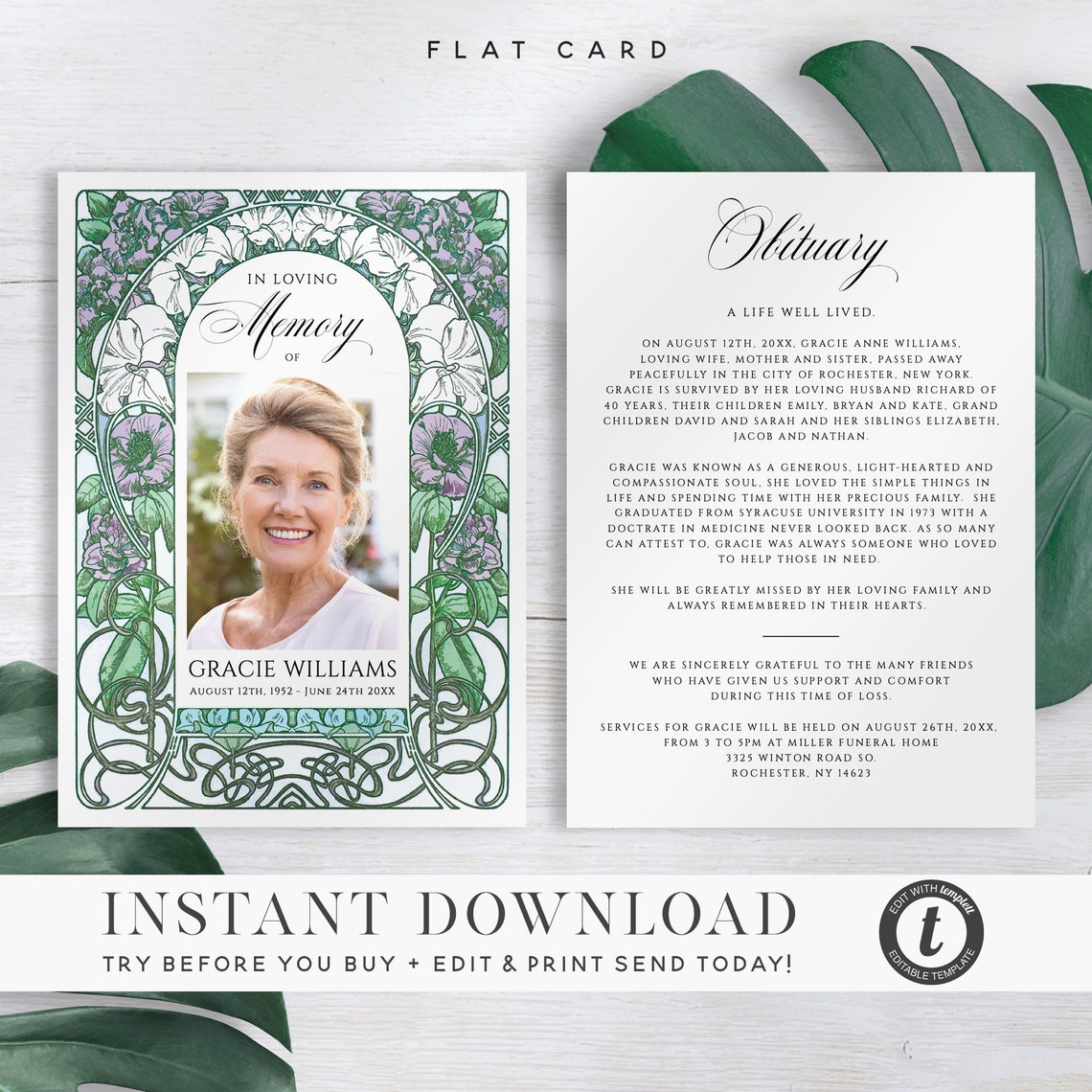 In Loving Memory Card Template Printable Floral Obituary | Etsy