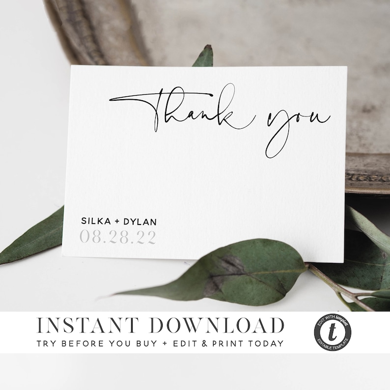 2 Sizes SILKA Modern Casual Chic Script THANK YOU card template Instant Download Editable Printable Thank You Card Set Wedding Templett