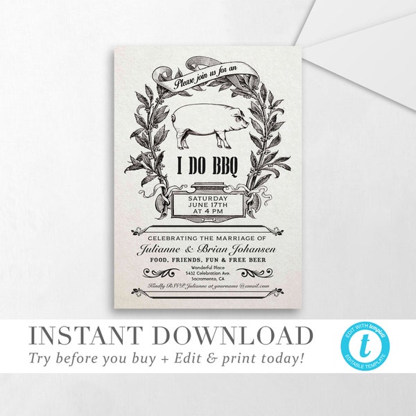 Supreme Vintage I Do BBQ Engagement Party Invitation Template INSTANT Download Retro Vintage invite DIY Editable Printable Templett