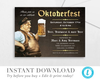 May include: An invitation to an Oktoberfest celebration with a cartoon illustration of a man holding a large beer stein. The invitation includes the date, time, and location of the event. The text reads "Please join us as we celebrate Oktoberfest. Saturday, October 17th, 4 to 9 PM. Beer, Bratwurst & more Beer. Hosted by Marc & Amy Biermann. The Biermann House, 5432 Celebration Ave., Oakland, CA 87654. RSVP to Amy at: yourname@gmail.com"