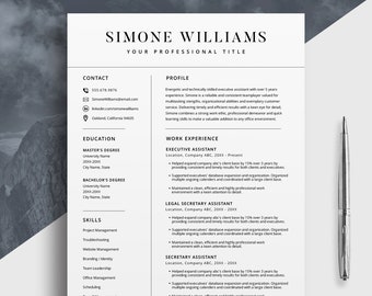 May include: A black and white resume template with the name Simone Williams at the top. The resume includes contact information, education, skills, and work experience.