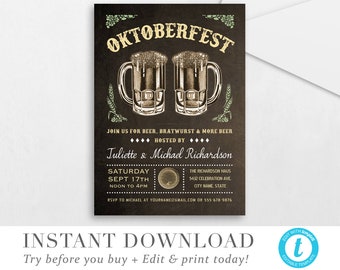 May include: A chalkboard style invitation for an Oktoberfest party. The invitation features two mugs of beer with foam on top. The text on the invitation reads "Oktoberfest" and includes the date, time, and location of the party. The invitation also includes the names of the hosts, Juliette and Michael Richardson.