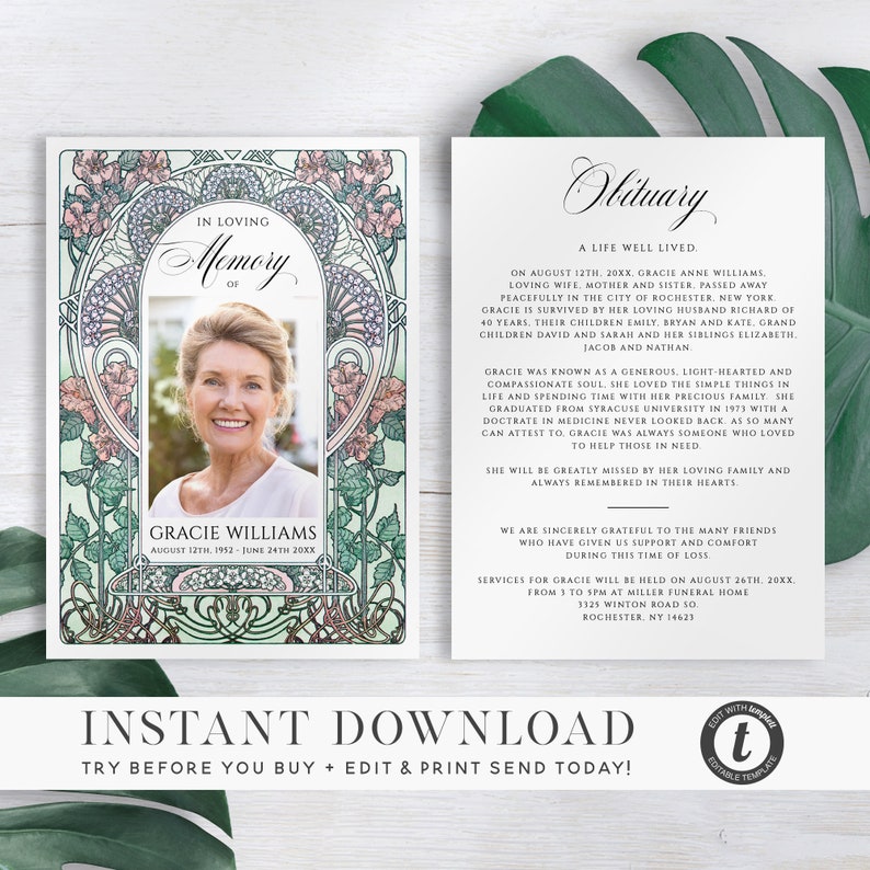 In Loving Memory Card Template Floral Printable Obituary Etsy