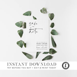 May include: Save the date card with a white background and black text. The text reads "Save the Date" with a handwritten script font. The card also includes the names "Silka & Dylan" and the date "August 28th, 2022".