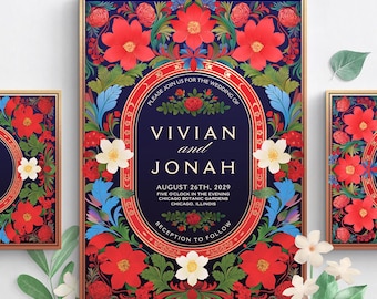 VIVIAN I : CANVA Mini-Wedding Suite, Colorful Painted Floral Folk Art, DIY Editable Printable, 3-Piece Wedding Invitation Suite