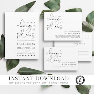 Peut inclure: Une carte d'annonce de changement de date de mariage imprimable avec du texte noir sur fond blanc. Le texte indique "Un petit changement de plans" et "En raison d'&eacute;v&eacute;nements impr&eacute;vus, Silka + Dylan ont report&eacute; leur mariage &agrave; une date ult&eacute;rieure. Nos pens&eacute;es sont avec vous en ce moment et nous vous contacterons lorsqu'une nouvelle date sera fix&eacute;e."