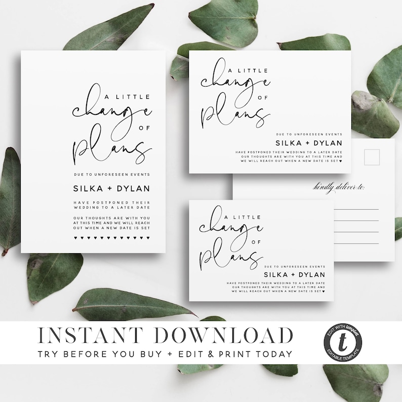 Peut inclure: Une carte d'annonce de changement de date de mariage imprimable avec du texte noir sur fond blanc. Le texte indique "Un petit changement de plans" et "En raison d'&eacute;v&eacute;nements impr&eacute;vus, Silka + Dylan ont report&eacute; leur mariage &agrave; une date ult&eacute;rieure. Nos pens&eacute;es sont avec vous en ce moment et nous vous contacterons lorsqu'une nouvelle date sera fix&eacute;e."