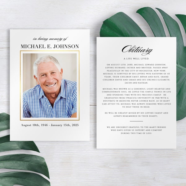 Obituary Card Template + Funeral Service Template, INSTANT DOWNLOAD, In Loving Memory DIY Editable Printable Templett - 2 Versions