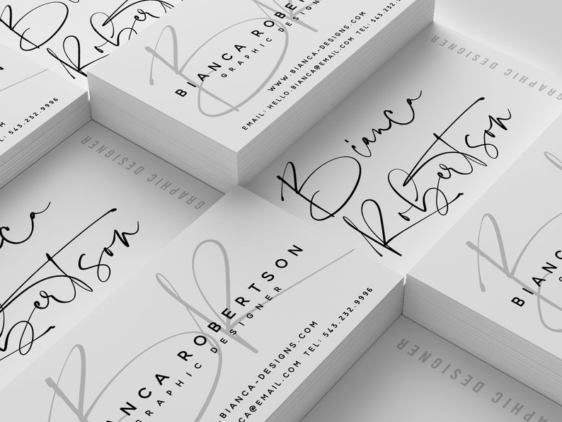 May include: A stack of white business cards with a black and gray graphic design logo and the text "Bianca Robertson Graphic Designer" and contact information.