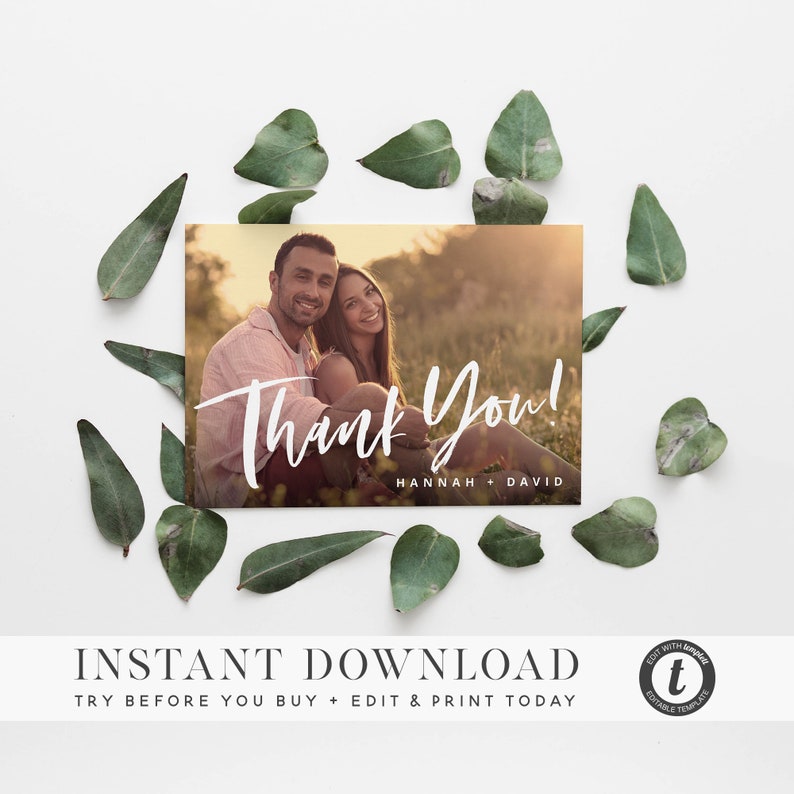 Modern Chic Script THANK YOU CARD Template 3 Sizes Instant Download Editable Printable Your Photo Thank You Card Wedding Templett