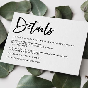 HANNAH Modern Chic Script Detalhes de Casamento Modelo de Cartão DOWNLOAD INSTANTÂNEO Branco Diversão Minimalista Detalhes Cartão Editável para Impressão Templett