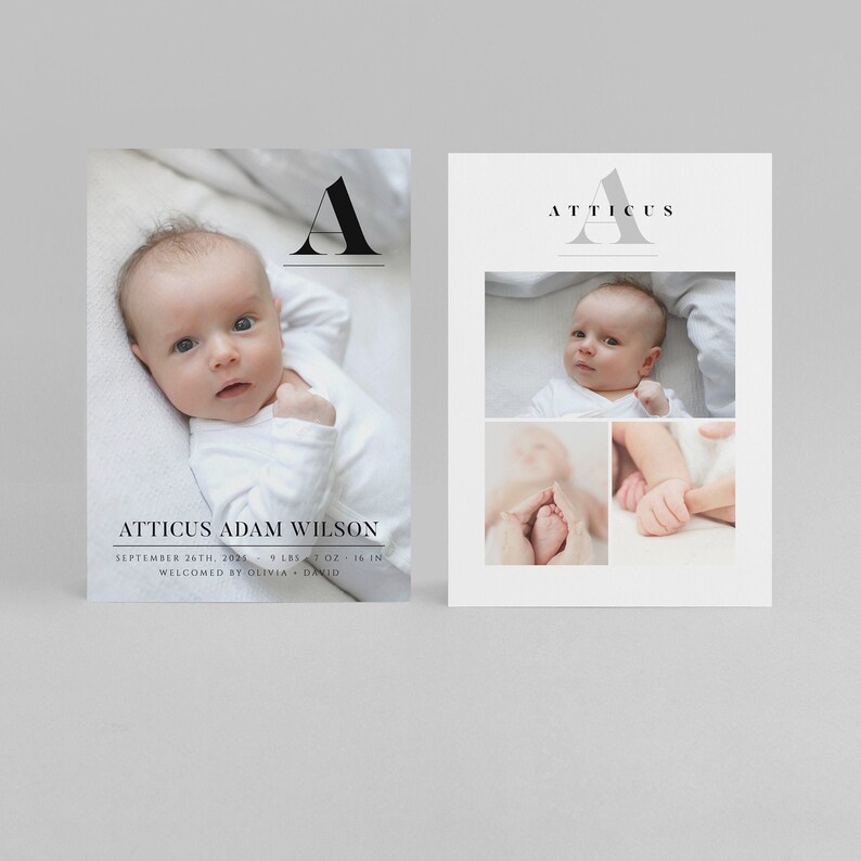 Modern Birth Announcement Template Bold Monogram Classic DIY Editable Printable Templett Baby Birth Announcement Card INSTANT DOWNLOAD