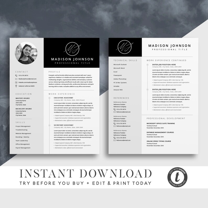 Photo Resume Template Instant Download 3 Page Professional Resume Cv Design Cover Letter Simple Modern Editable Printable Resume Template Paper Stationery Lifepharmafze Com