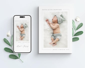 May include: A birth announcement card with a white background and a photo of a baby boy sleeping. The card includes the baby's name, "David Allen Crawford", and birth details: "08.20.XX, 8 LBS 10 OZ, 18 IN".