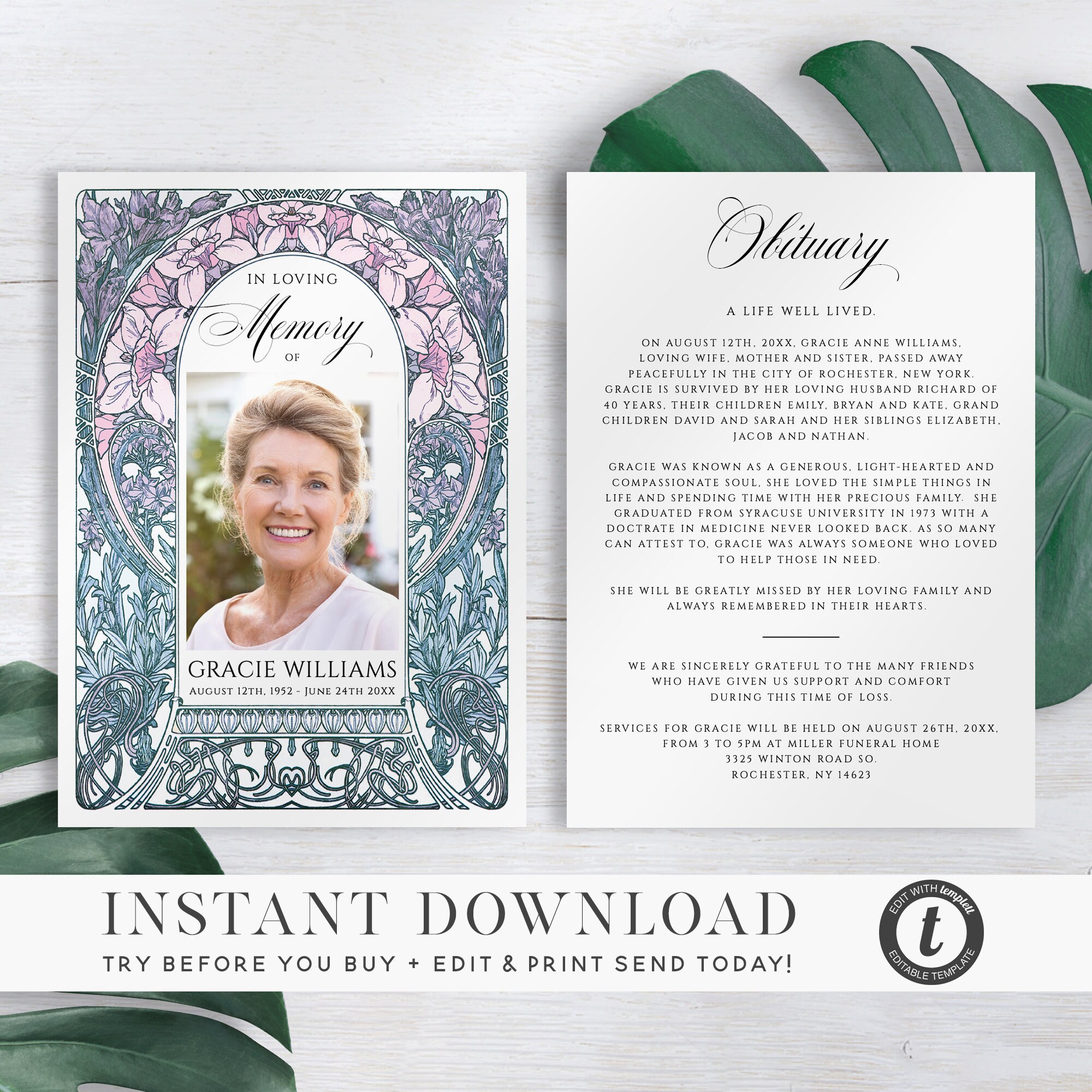 In Loving Memory Card Template Floral Printable Obituary - Etsy