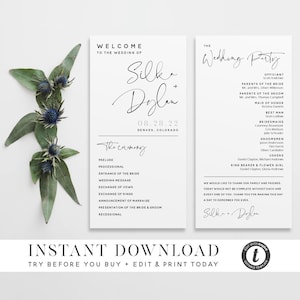 Pode incluir: Um programa de cerimónia de casamento com fundo branco e texto preto. O programa lista a ordem dos eventos para a cerimónia de casamento de Silk e Dylan, que terá lugar no dia 28 de agosto de 2022 em Denver, Colorado. O programa também inclui uma lista dos membros da festa de casamento e seus papéis.