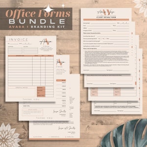 May include: A set of printable office forms for a yoga studio, including an invoice, a client intake form, and a thank you note. The forms feature a peach and brown color scheme with a stylized logo that says "Amazon Yoga".